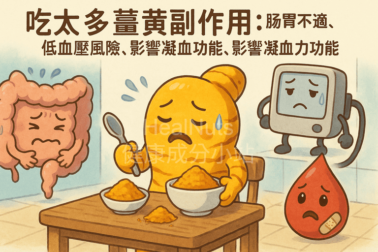 一天吃多少薑黃素才有效?專家建議的黃金攝取量與4種吃法大公開 2 吃太多薑黃素可能出現的4種副作用:腸胃不適、腸胃不適、低血壓風險、影響凝血功能。