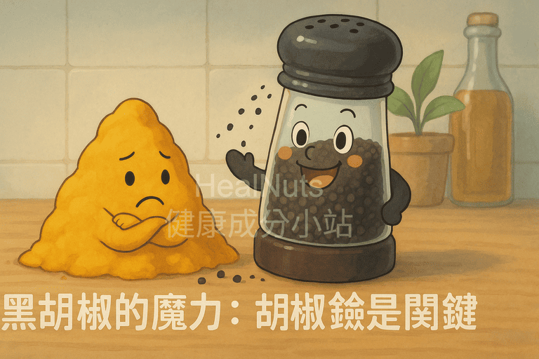 薑黃素+黑胡椒真的更強?解析為何這組合吸收率高出20倍 2 薑黃素+黑胡椒,黑胡椒的關鍵成分叫「胡椒鹼」(Piperine),它是讓黑胡椒辛辣刺鼻的來源。根據美國國立衛生研究院(NIH)的資料,胡椒鹼不只刺激味蕾,它還能「抑制肝臟代謝酵素」,讓其他營養素(像薑黃素)在體內停留更久。