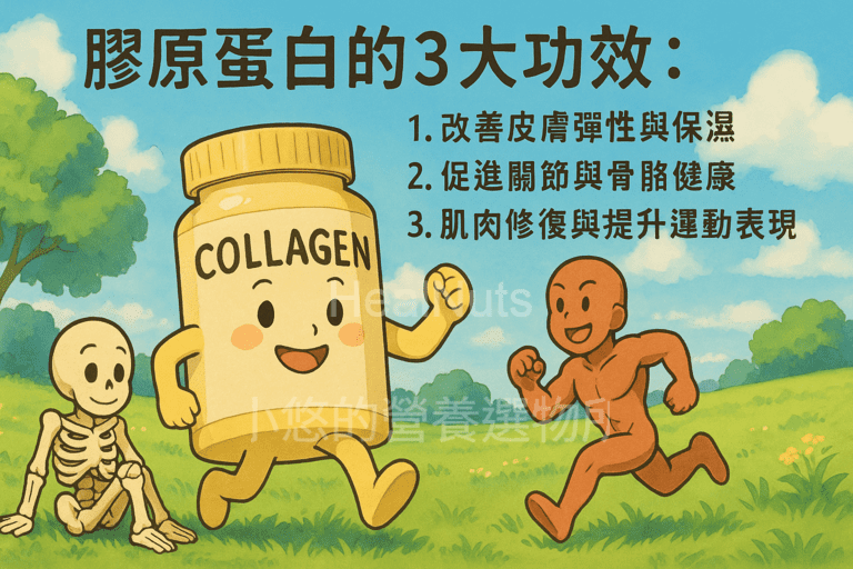 膠原蛋白的3大功效：改善皮膚彈性與保濕 促進關節與骨骼健康 肌肉修復與提升運動表現 