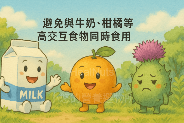 為了最大化水飛薊吸收率，避免與牛奶、柑橘等高交互食物同時食用，應安排分時段攝取更安全。