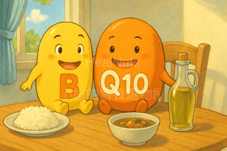 B群＋Q10是白天精神組合，記得飯後吃、配點好油，讓你精神充滿不卡頓！