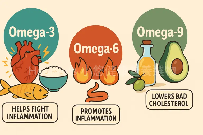 Omega-3、6與9都是不飽和脂肪酸，各自扮演不同的角色。Omega-3幫助抗發炎、顧心臟；Omega-6雖然是必需脂肪酸，但攝取過量會促進發炎反應；Omega-9則主要來自橄欖油、酪梨油，有助於降低壞膽固醇。